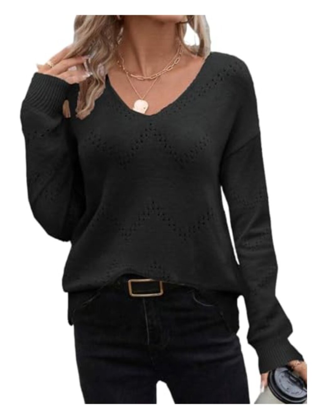 Off Shoulder Crochet V Neck Knit Pullover Sweater Women Lightweight Fall Tops